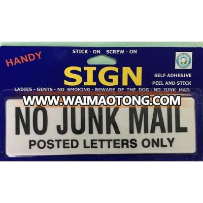 Custom 200mm plastic self adhesive traffic warning sign with NO JUNK MAIL